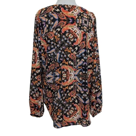Belle & Sky Bird Paisley Blouse Womens Size Large Black Knotted Tie Front - Picture 10 of 14